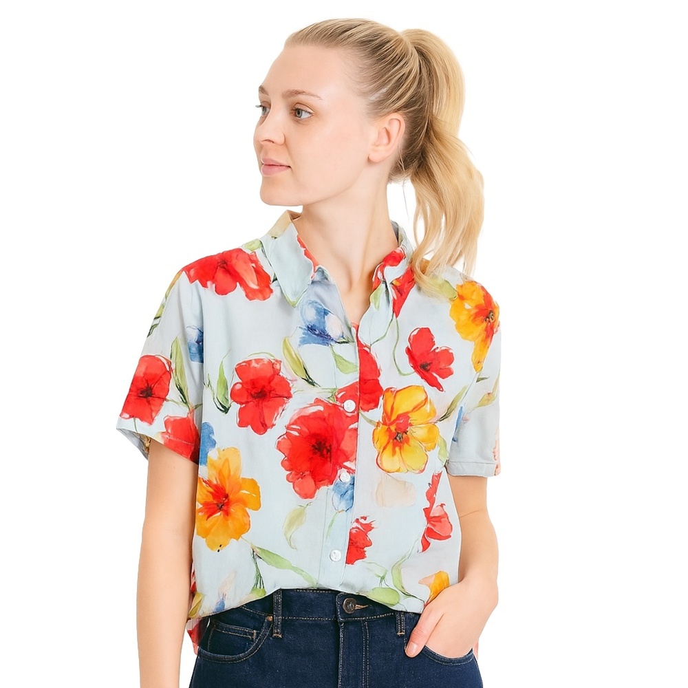 Crazy Horse Top Women's 16 Blue‎ Floral Cotton Short Sleeve Cottagecore Artistic